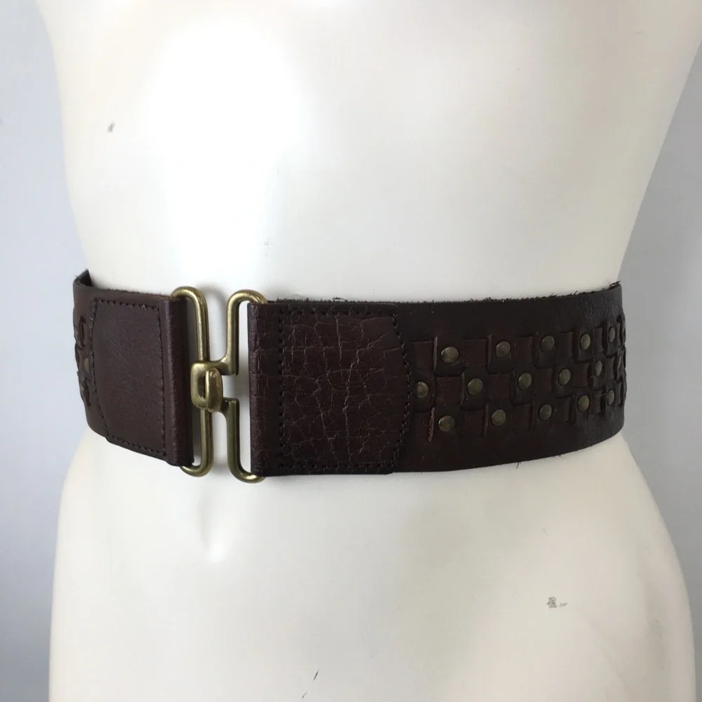 Wide Boho Woven Leather Stretchy Belt Brown with Brass Studs Women’s Size L/XL
